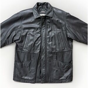 Mens Insulated Black Leather Overcoat Barn Coat L 3M Thinsulate Thermal Quilted